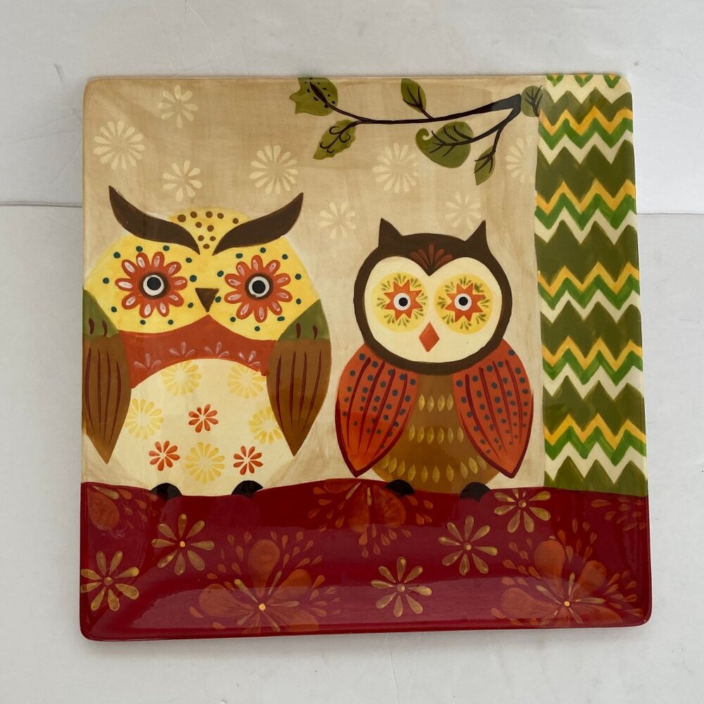 Square Ceramic Colorful Owl Tray 12" x 12"